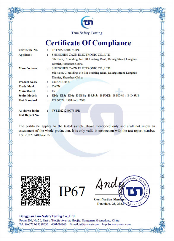 CAZN E connector-IP67 certificate