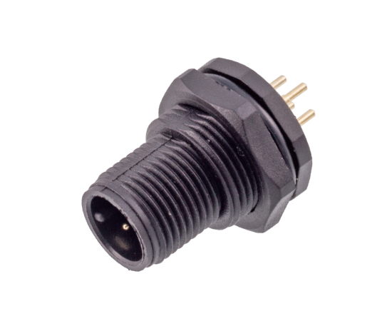 M12 Male Back Mount Socket (PCB, Screw M15*1, Plastic type)