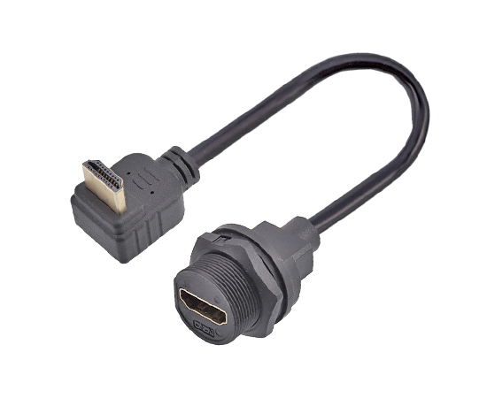 HDMI Female Back Panel Mount Receptacle to R/A Male Cable(Threaded)